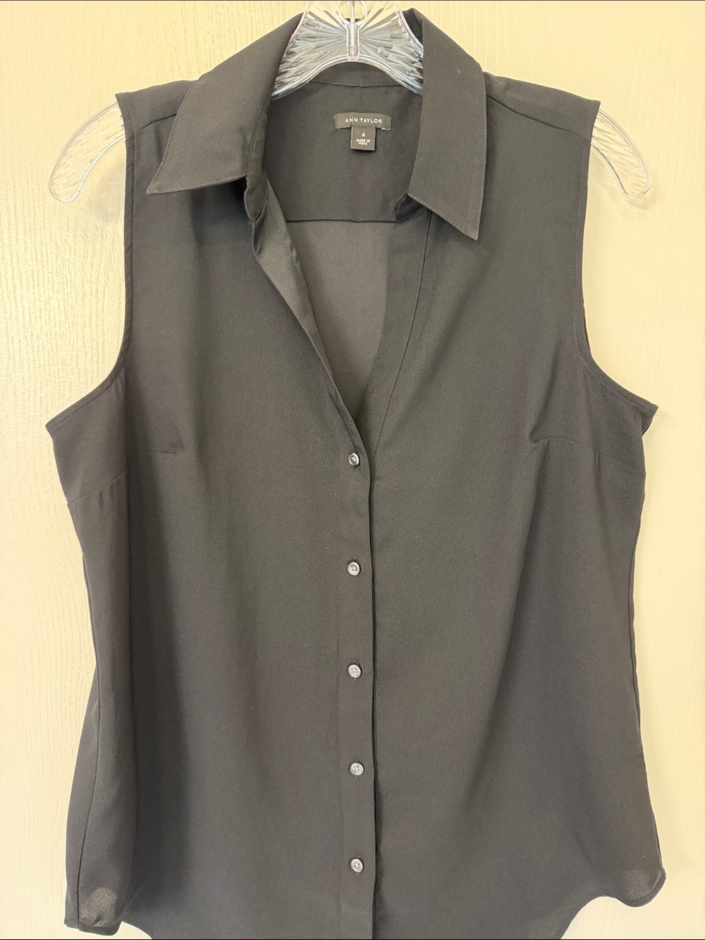 Ann Taylor Black Sleeveless Button-Down Collared Blouse